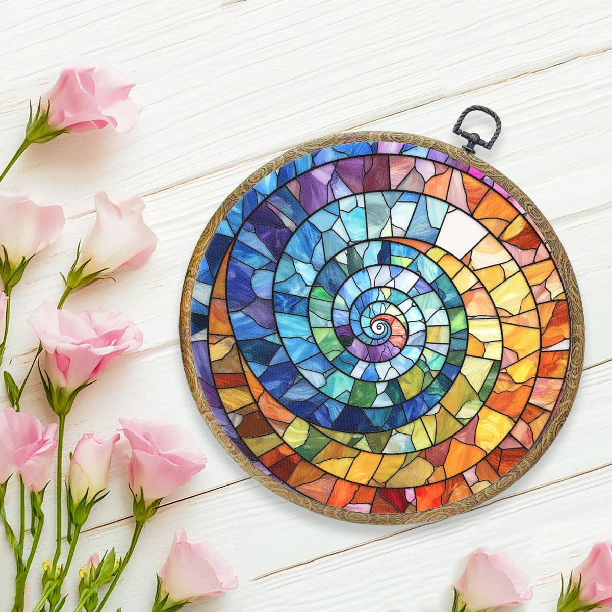 Colorful Boho Rainbow Geometric Spiral Sun Art Gift Framed Round Wall Decor Canvas Wall Art Hanging