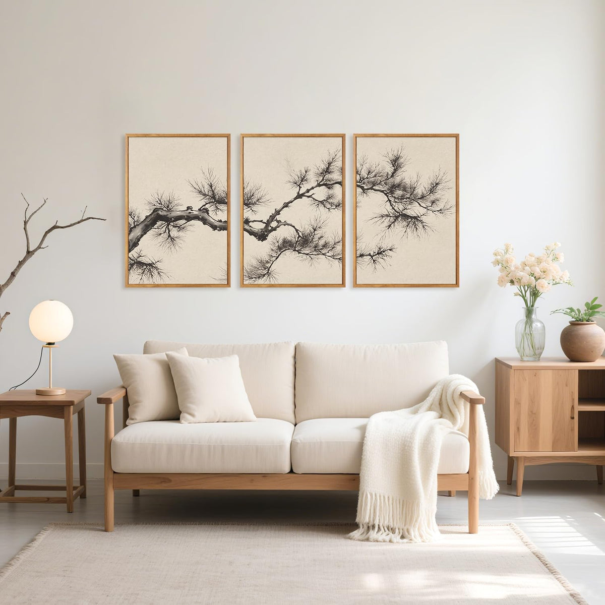 HPNIUB Vintage Sketch Pine Tree Framed Canvas Wall Art Set, Brown Antique Tree Branch Wall Decor