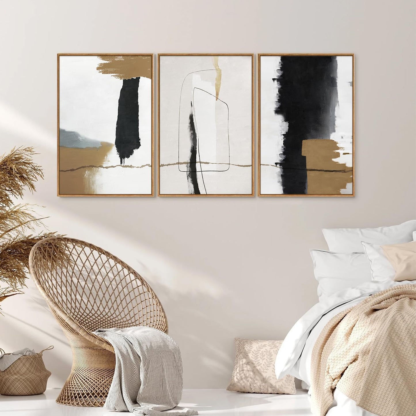 SIGNINART Black and White Abstract Framed Canvas Wall Art Set of 3, Beige Neutral Art Prints
