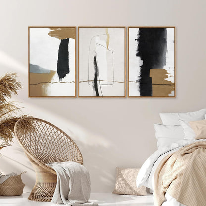SIGNINART Black and White Abstract Framed Canvas Wall Art Set of 3, Beige Neutral Art Prints
