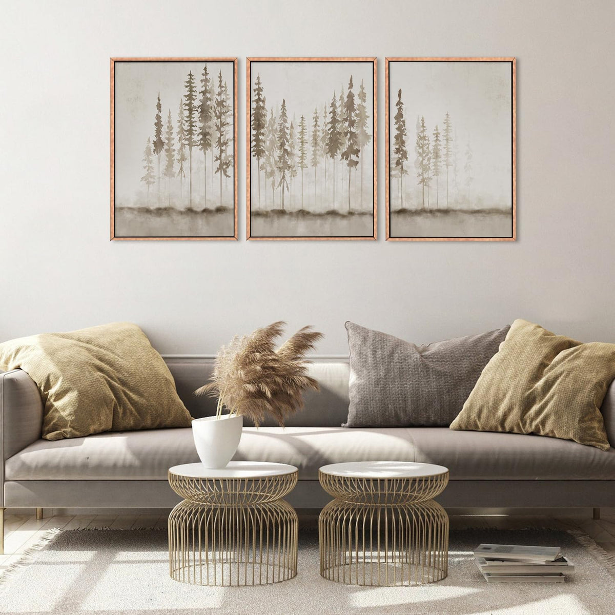 HPINUB Misty Forest Framed Canvas Wall Art Set, Foggy Pine Tree Wall Decor, Pastel Nature Landscape