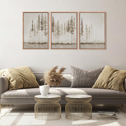 HPINUB Misty Forest Framed Canvas Wall Art Set, Foggy Pine Tree Wall Decor, Pastel Nature Landscape