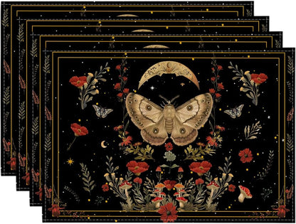 Artoid Mode Black Poppy Moth Moon Placemats Set of 4, 12x18 Inch Floral Spring Table Mats for