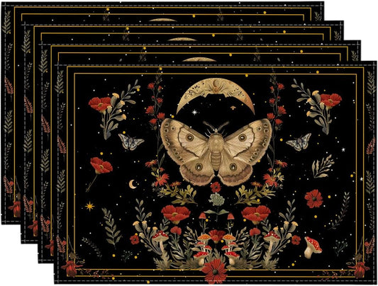 Artoid Mode Black Poppy Moth Moon Placemats Set of 4, 12x18 Inch Floral Spring Table Mats for