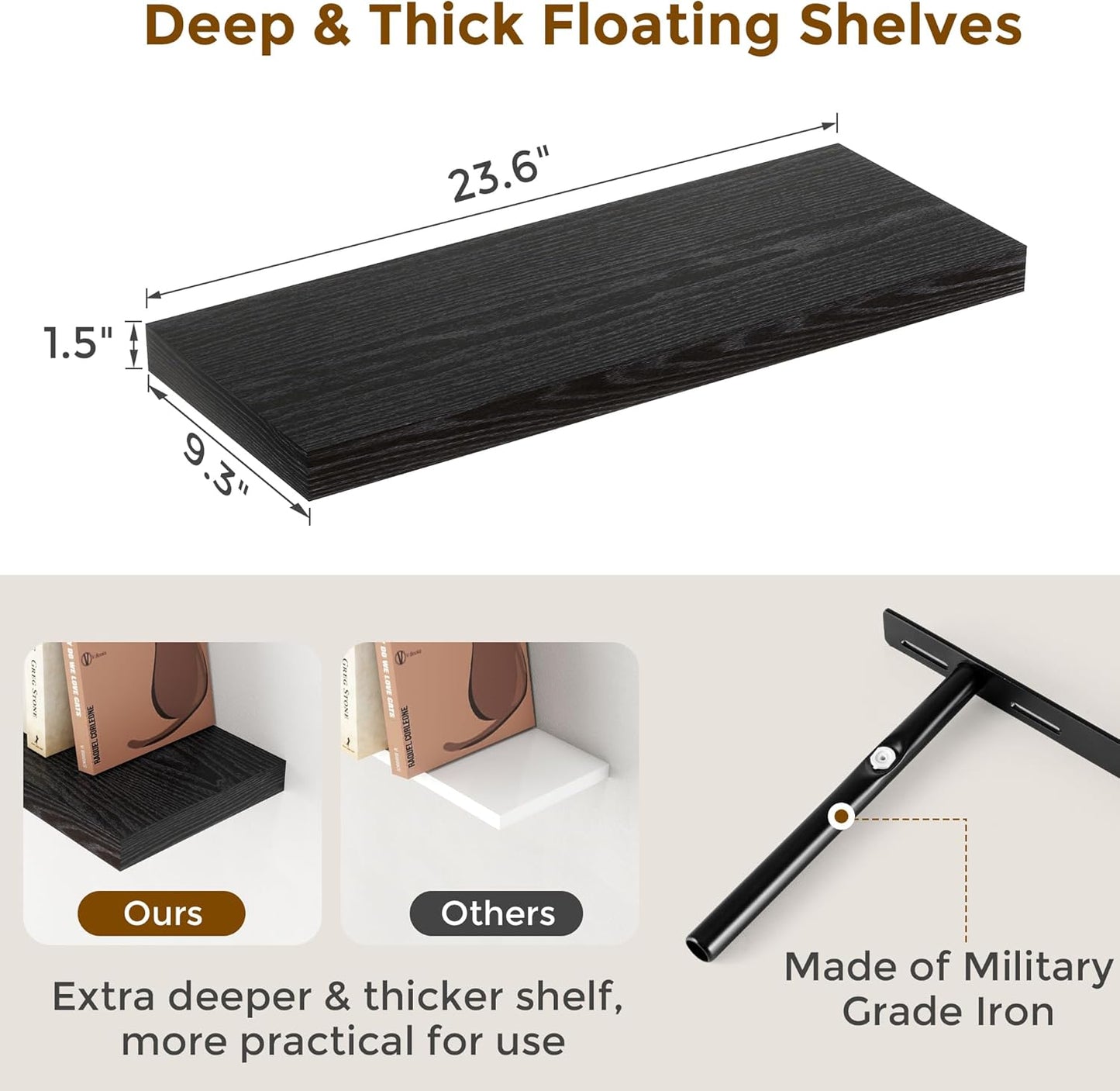 24 Inch Floating Shelves, Rustic 24 x 9 Black Floating Shelf for Wall, Black Bathroom Shelf Set of