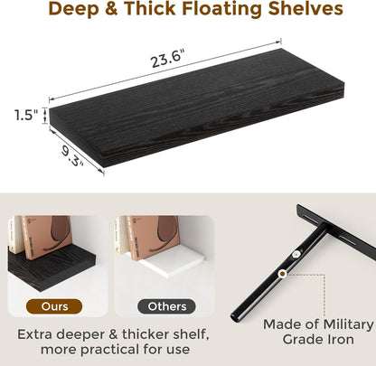 24 Inch Floating Shelves, Rustic 24 x 9 Black Floating Shelf for Wall, Black Bathroom Shelf Set of