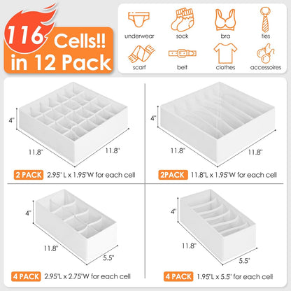 12 Pack Drawer Organizers for Clothing, 116 Large Compartments Fabric Dresser Closet Organizers and