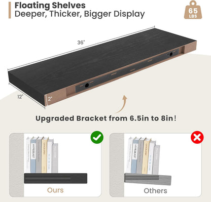 Heimlove 12" Deep Floating Shelves, 36 x 12 Inch Wall Mounted Long Floating Shelf with Invisible