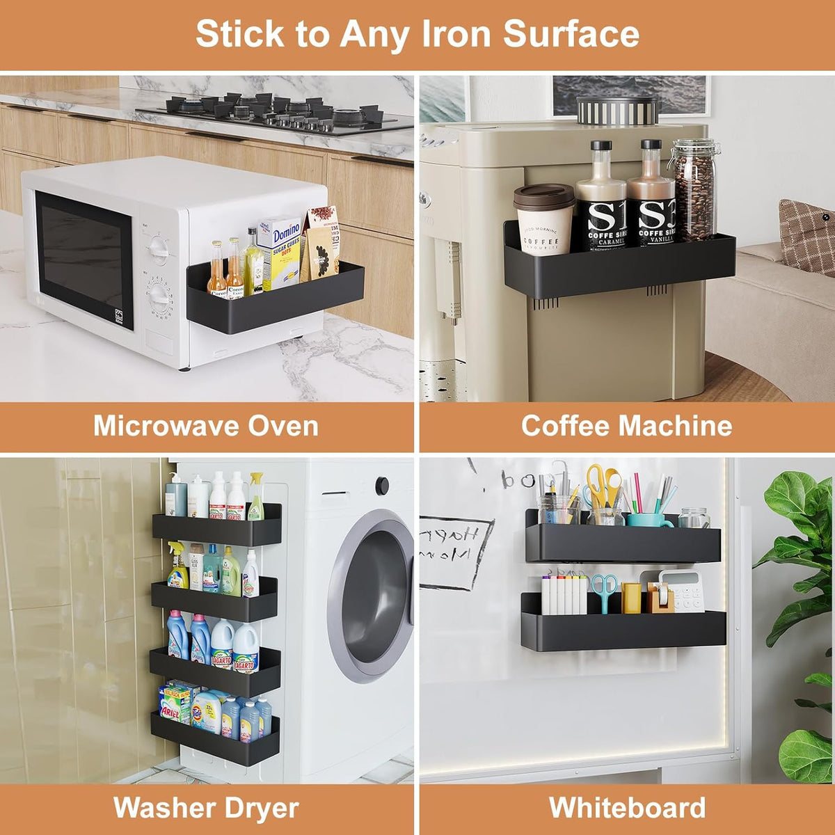 Magnetic Spice Rack for Refrigerator, Kitchen Organizer and Storage Shelf, Black (6 Pack)…