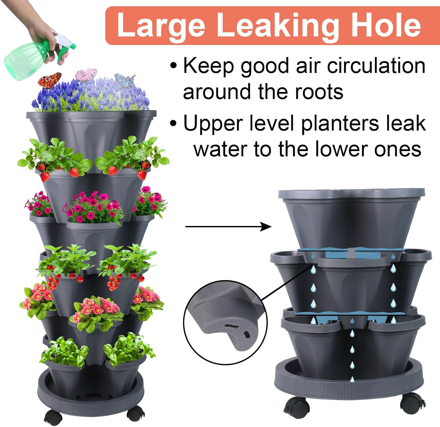 Vertical Planter, 6 Tier Stackable Strawberry Planter with Garden Tool Set, Movable Indoor/Outdoor