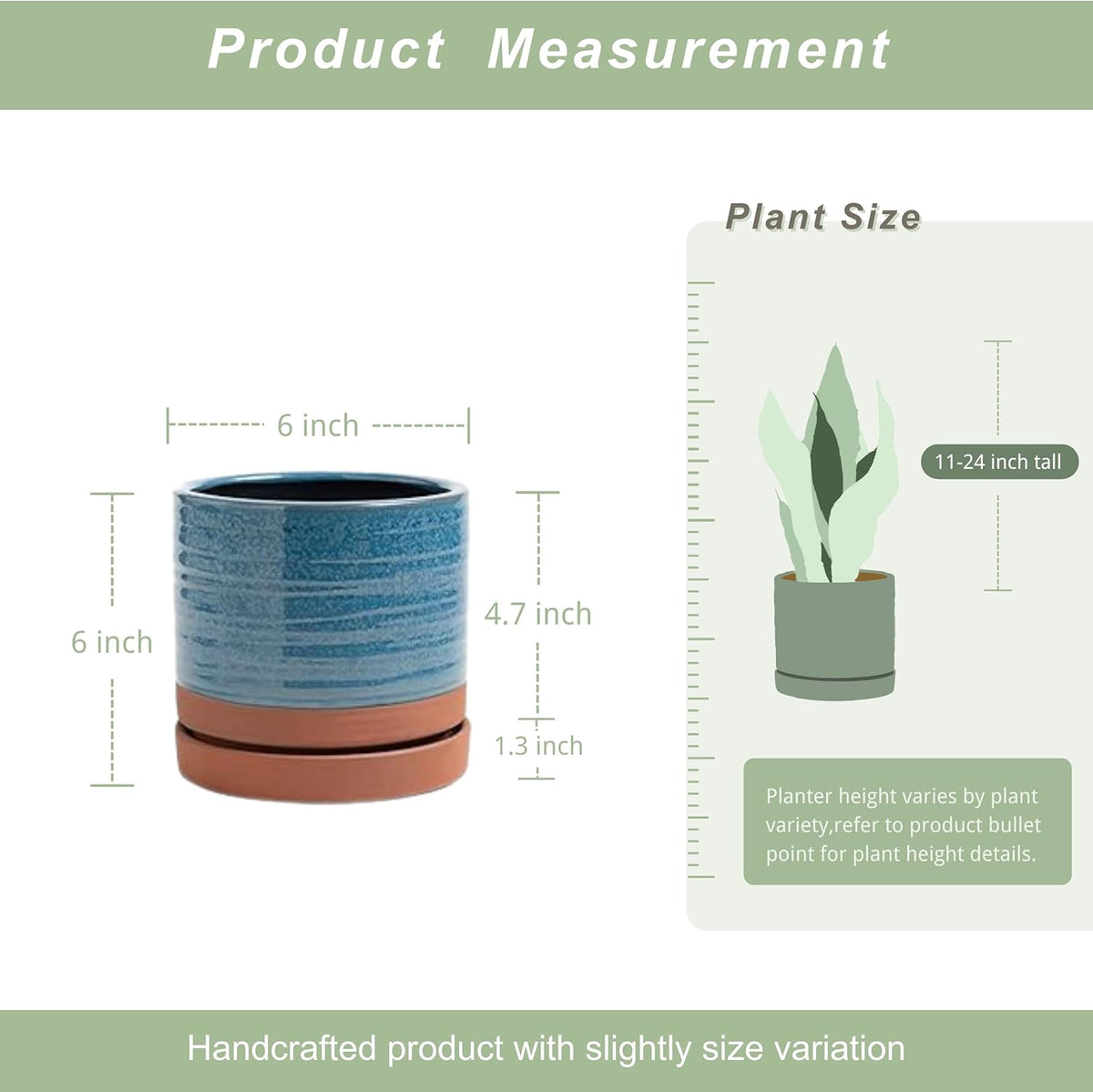 6 Inch Plant Pots, Ceramic Planter Pot with Drainage Hole & Saucer, Indoor/Outdoor Cylinder Round