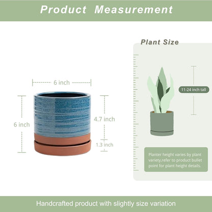 6 Inch Plant Pots, Ceramic Planter Pot with Drainage Hole & Saucer, Indoor/Outdoor Cylinder Round