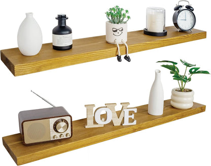 BGMG Wood Floating Shelves 48 inch Set of 2, Rustic Wooden Wall Mount Shelves for Living Room
