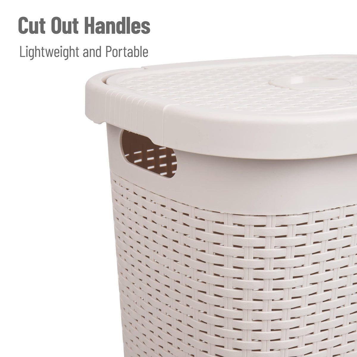 Mind Reader Slim Laundry Hamper with Lid, 50L Clothes Basket, Premium Wicker Design, Plastic, Ivory