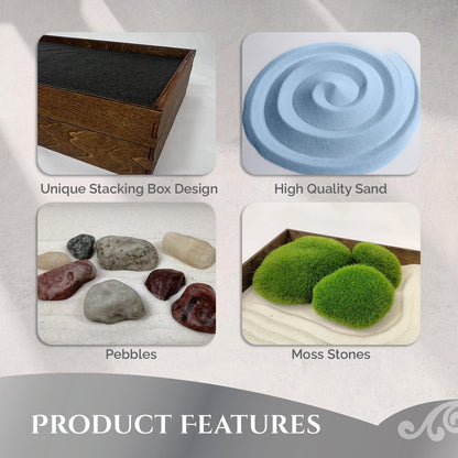 Wooden Stackable Zen Garden | Blue Oasis Sand with Rake & Accessories | Minimalist Decor Gift for