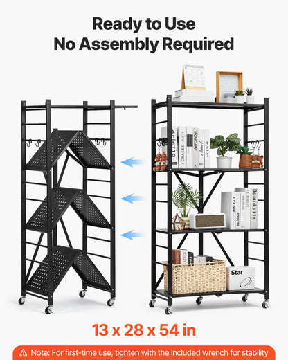 VEVOR 4-Tier Foldable Storage Shelf, 28W x 13D x 54H Inch Folding Metal Rack Shelving Unit, No