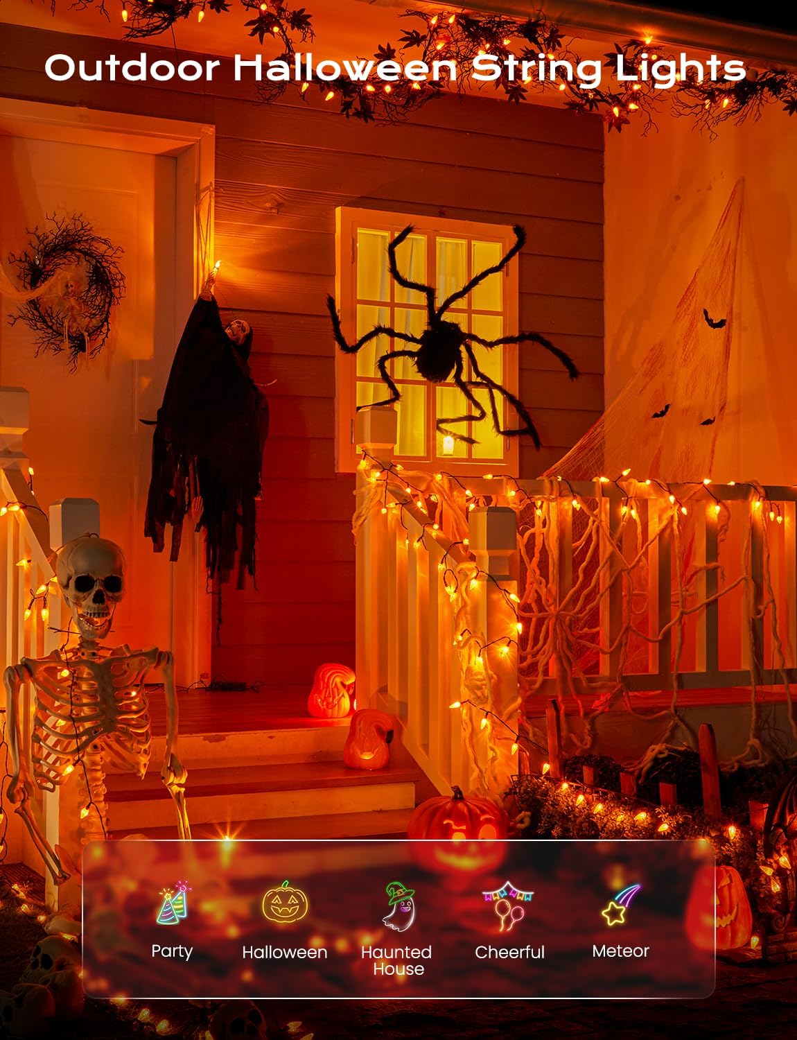 Brightown Solar Operated C6 Halloween Outdoor Lights, 22.64ft 50 LEDs Orange Halloween Lights
