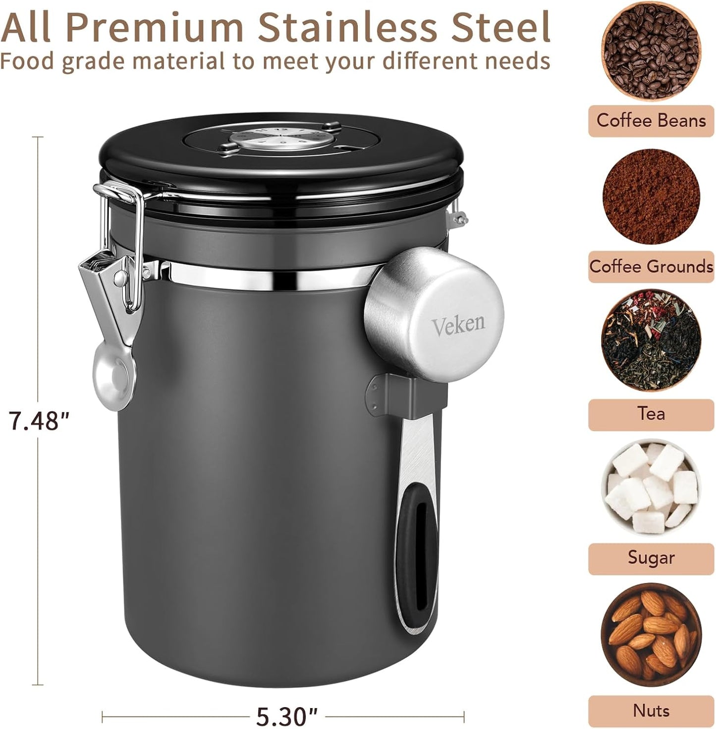 Veken Coffee Canister, Airtight Stainless Steel Kitchen Food Storage Container with Date Tracker