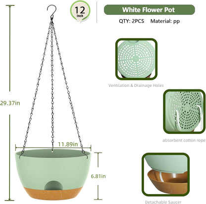 12 Inch Hanging Baskets 2 PC with Chains, Self-Watering Hanging Planters for Indoor Outdoor Plants