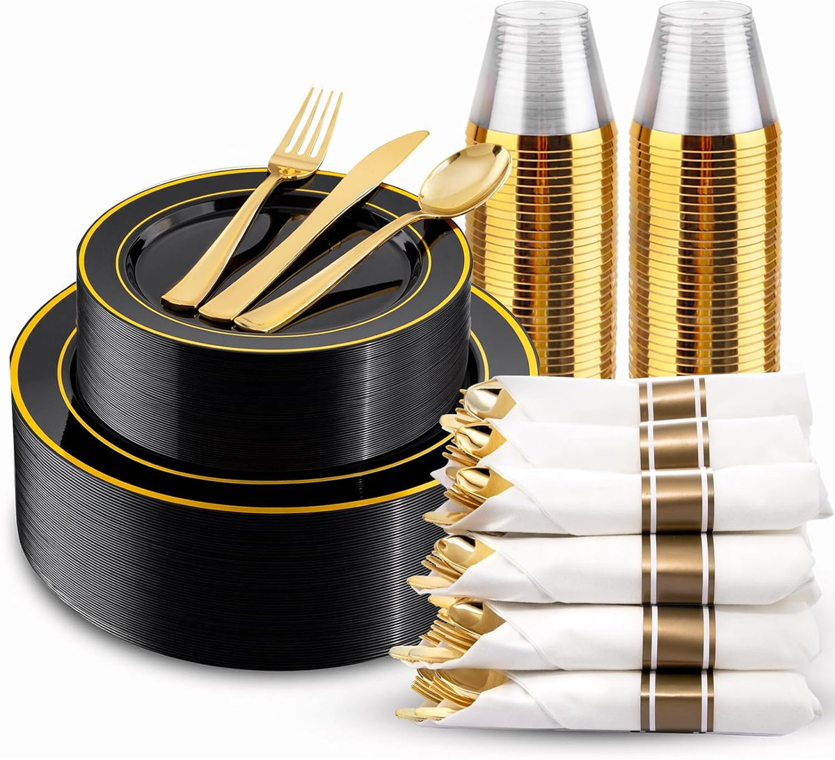 175PCS Black and Gold Plates - Black Disposable Plates for Party - 25Guests Disposable Dinnerware