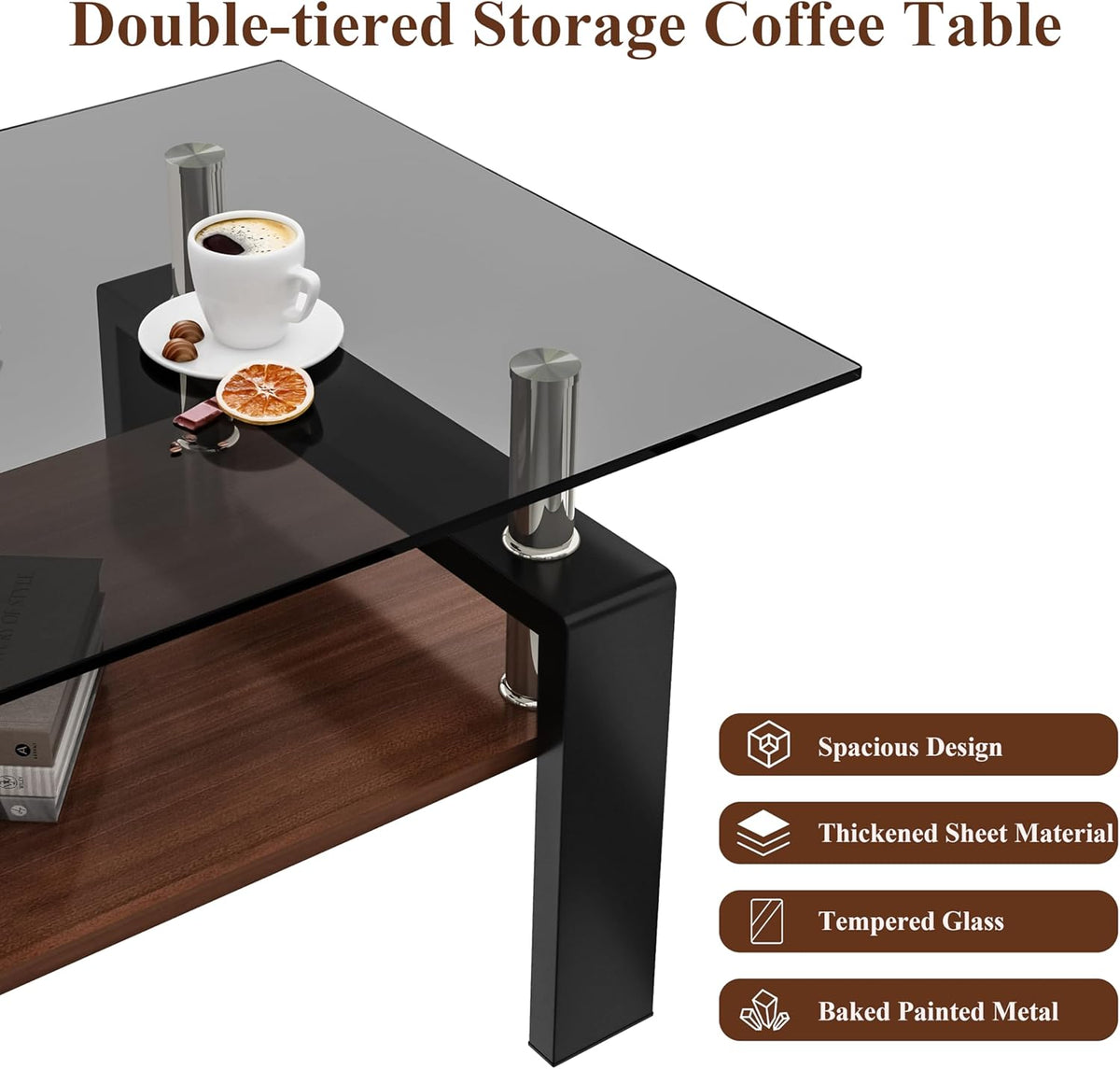 Glass Coffee Table Rectangle Living Room Center Table, with Gray Tempered Glass Tabletop and Brown
