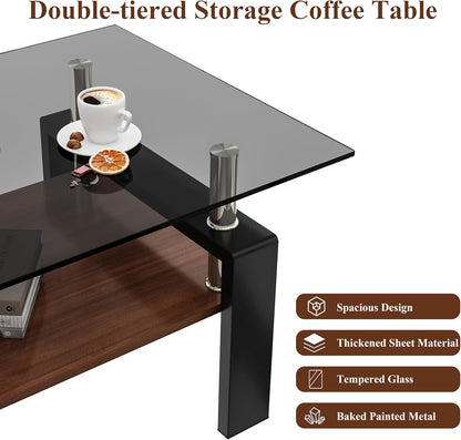 Glass Coffee Table Rectangle Living Room Center Table, with Gray Tempered Glass Tabletop and Brown