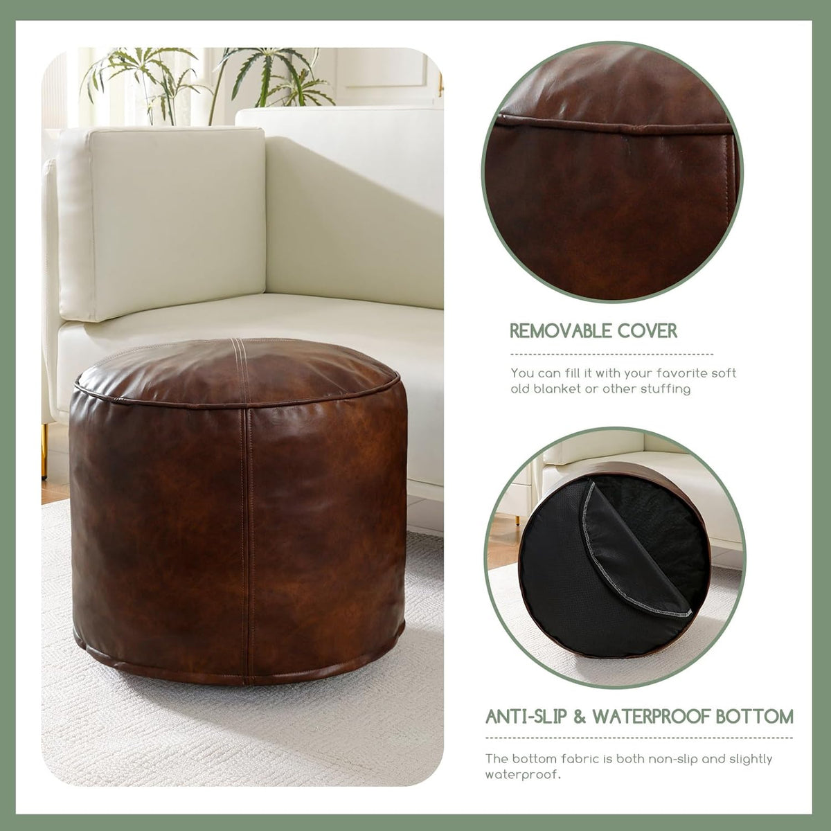 HIGOGOGO Round Stuffed Pouf Ottoman, Pu Leather Poufs with Foam Chunk Filling, Furry and Fluffy