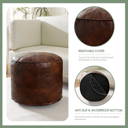HIGOGOGO Round Stuffed Pouf Ottoman, Pu Leather Poufs with Foam Chunk Filling, Furry and Fluffy