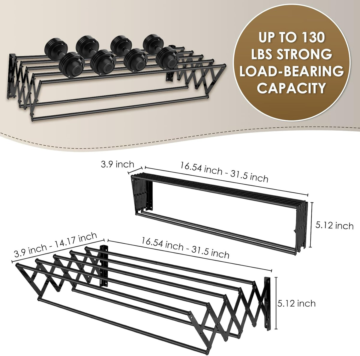 XL-31.5'' Wall Mounted Clothes Drying Rack, 130 lbs Large Capacity Rustproof Retractable