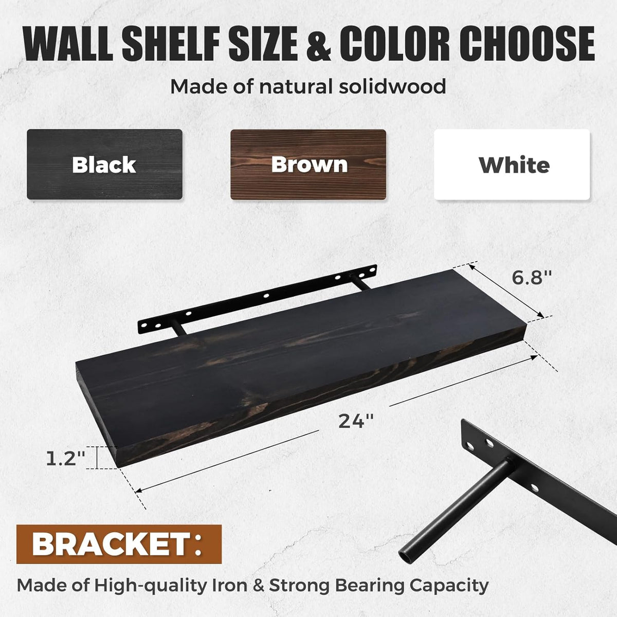 24"x6.8"x1.2" Solid Wood Floating Shelves 2-Pack - Rustic Black Finish with Hidden Brackets