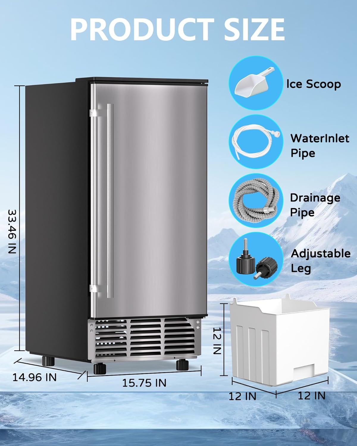 Commercial Ice Maker Machine Reversible Door 120LBS/Day, Undercounter Ice Makers 30LBS Storage Bin