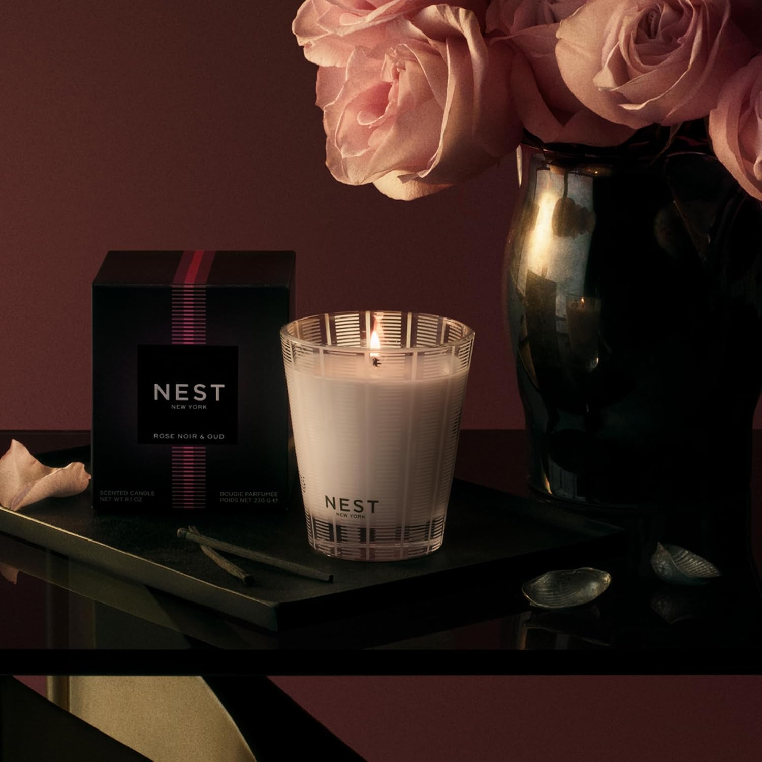 NEST New York Scented Classic Candle, Rose Noir & Oud - 8.1 oz - Up to 60-Hour Burn Time - Reusable