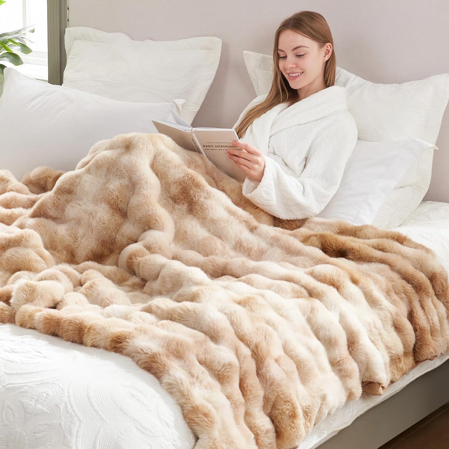 Cozy Bliss Faux Fur Throw Blanket for Couch, Fuzzy Soft Plush Thick Bubble Blanket for Sofa Bedroom