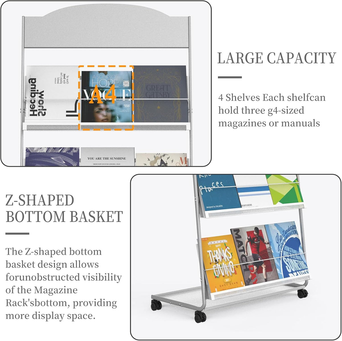 Floor-Standing Magazine Rack 4-Layer with Wheels, Semi-arched top Brochure Display Stand