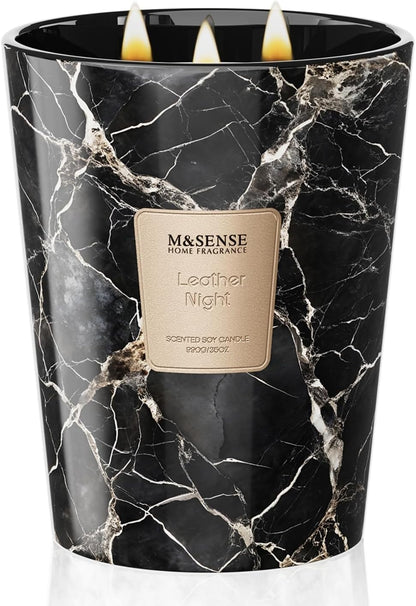M&SENSE LeatherNight Scented Candles for Home, 3-Wick Highly Scented Jar Candles, Extra Large
