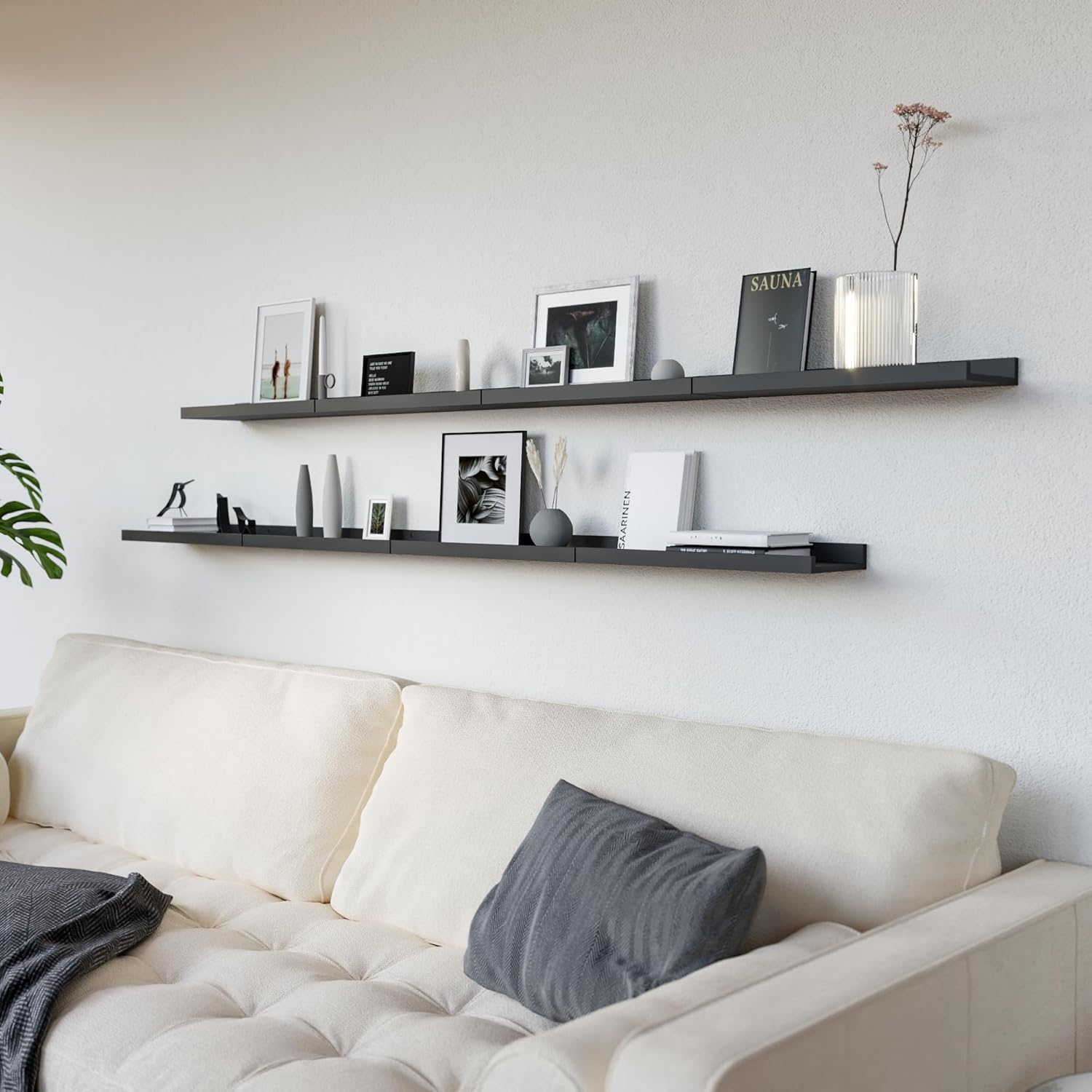 RICHER HOUSE Floating Wall Mounted Shelves, 8pc Set with Lip - Black Nursery Book Shelves for