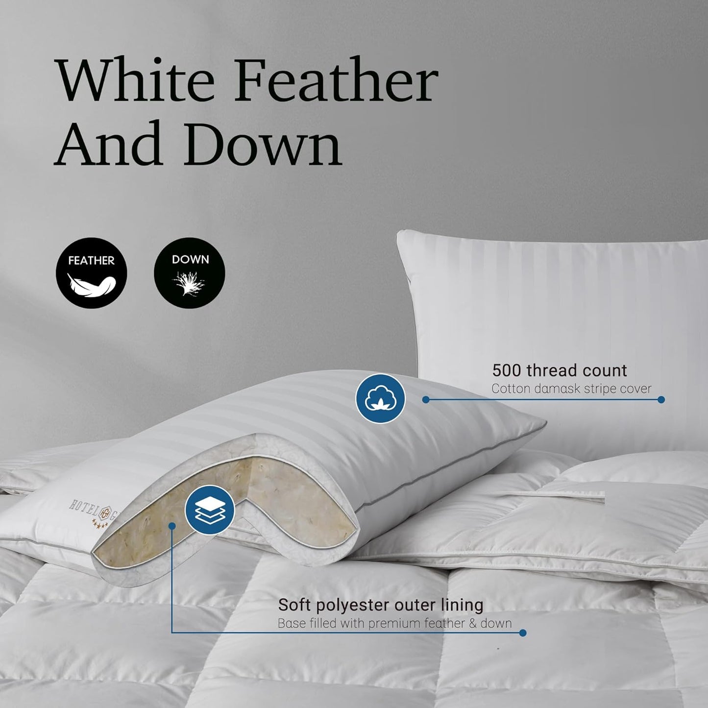 Hotel Grand Softy-Around Feather Down Pillows Queen Size Set of 2 Packs White Strip 100% Cotton