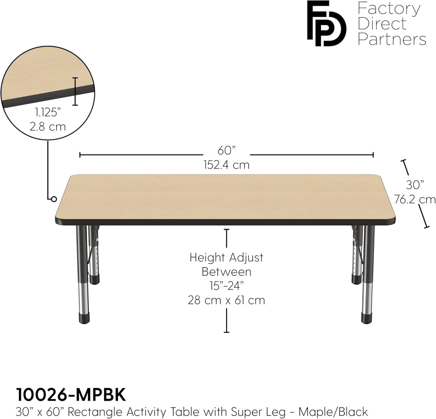 FDP Rectangle Activity School and Classroom Kids Table (30 x 60 inch), Toddler Legs, Adjustable