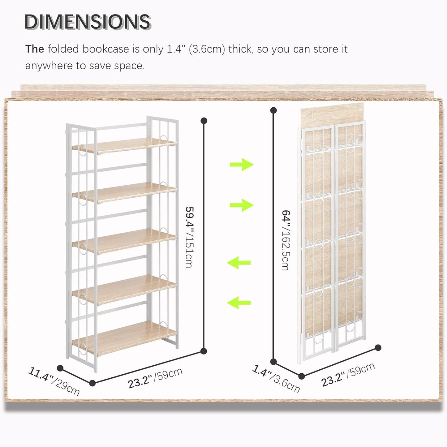 4NM No Assembly 5 Tiers Folding Bookshelf, 59.4" H Foldable Storage Shelves Vintage Bookcase