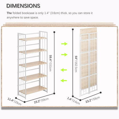 4NM No Assembly 5 Tiers Folding Bookshelf, 59.4" H Foldable Storage Shelves Vintage Bookcase