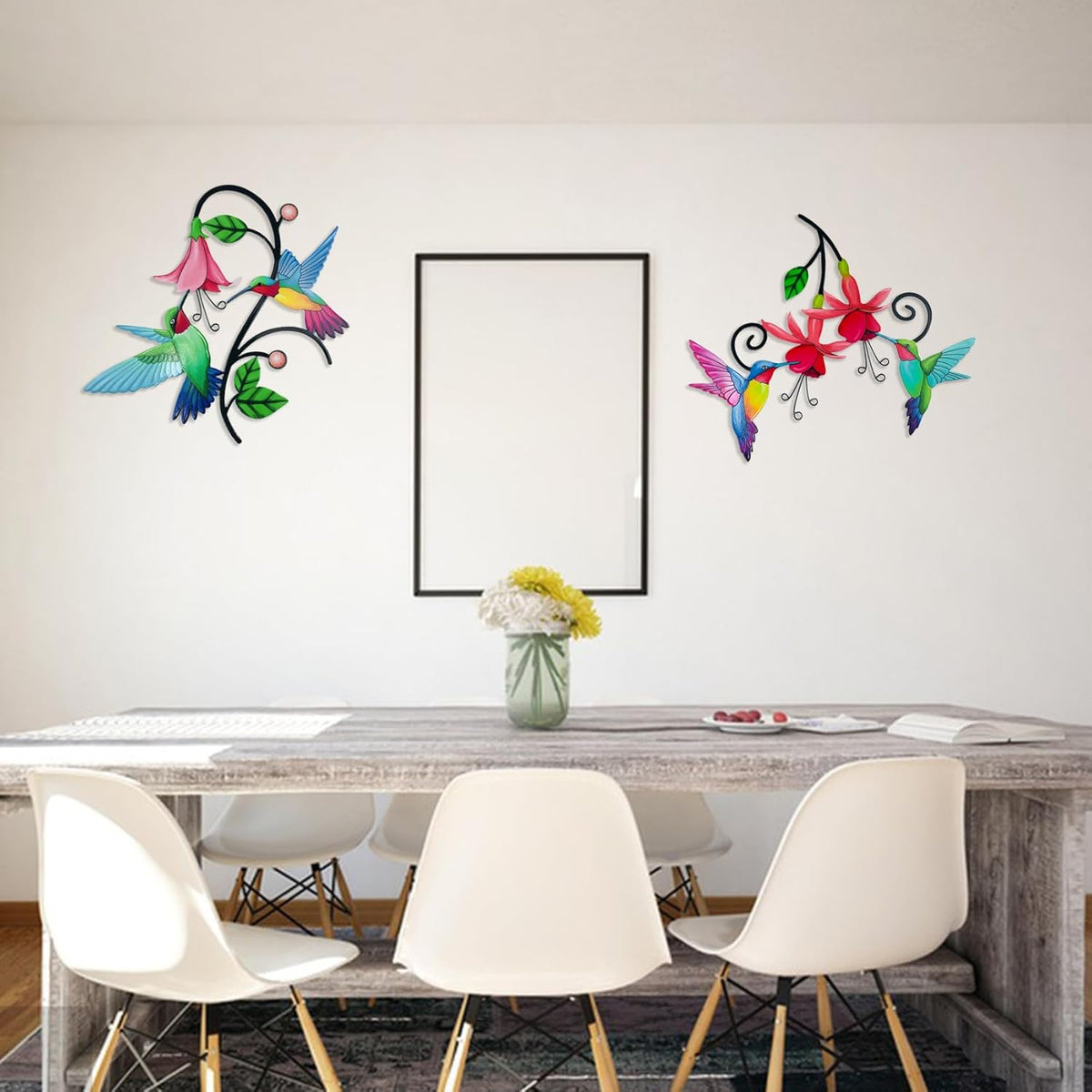 2 Pack Metal Hummingbird & Flower Outdoor Wall Art Decor, Creative Wall Decor for Patio, Fence