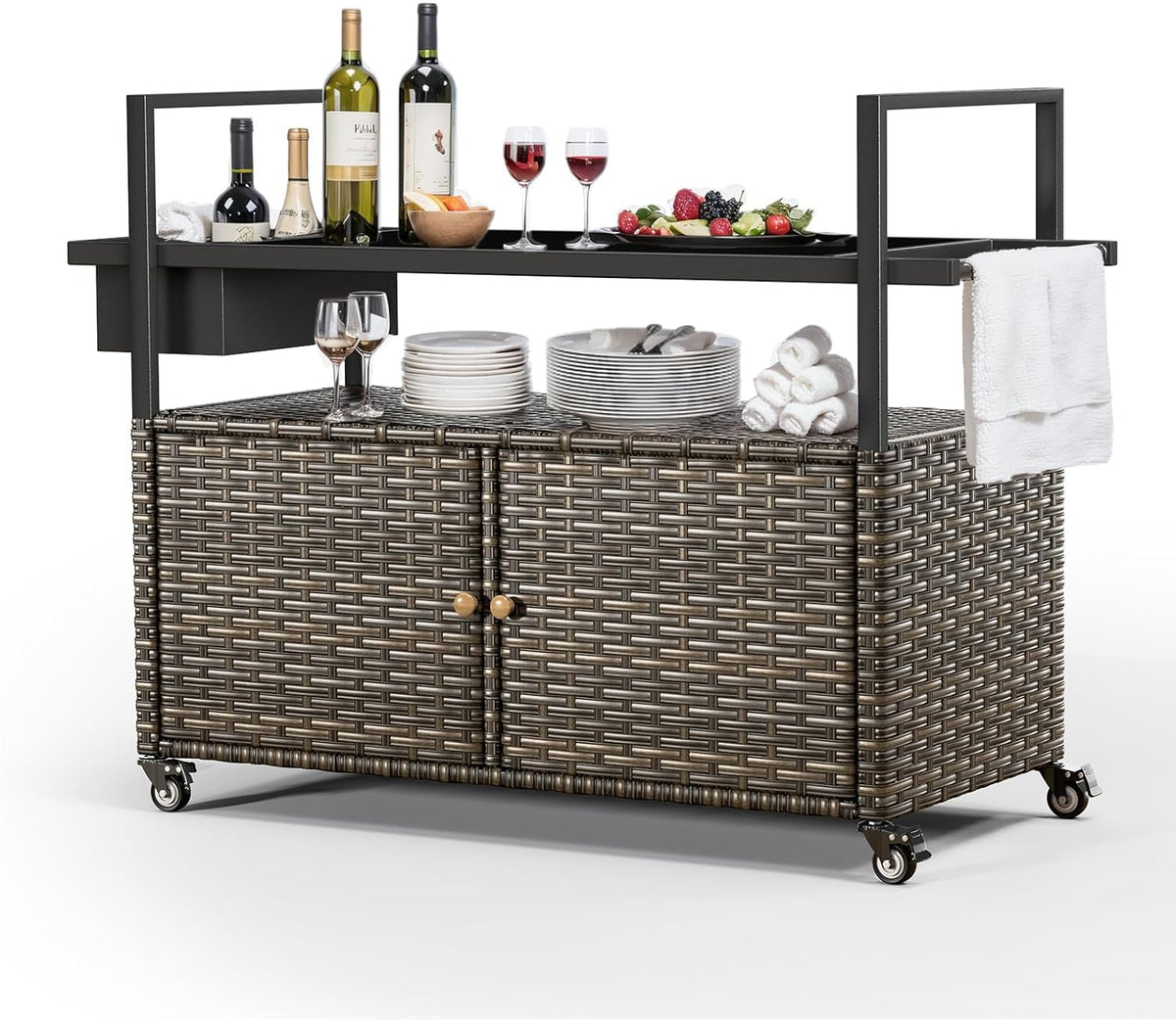 Outdoor Bar Cart with Storage Cabinet, Patio Bar Table with Tempered Glass Tabletop, Outdoor