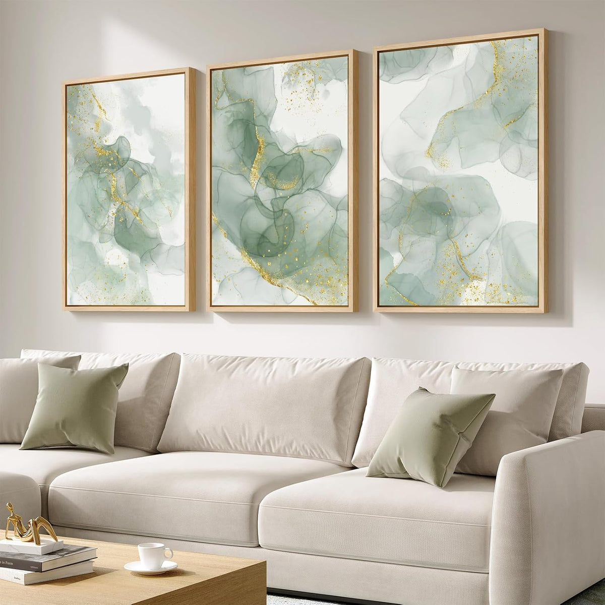 Large Framed Sage Green Abstract Wall Art for Living Room, 3 Piece Green and Gold Canvas Prints