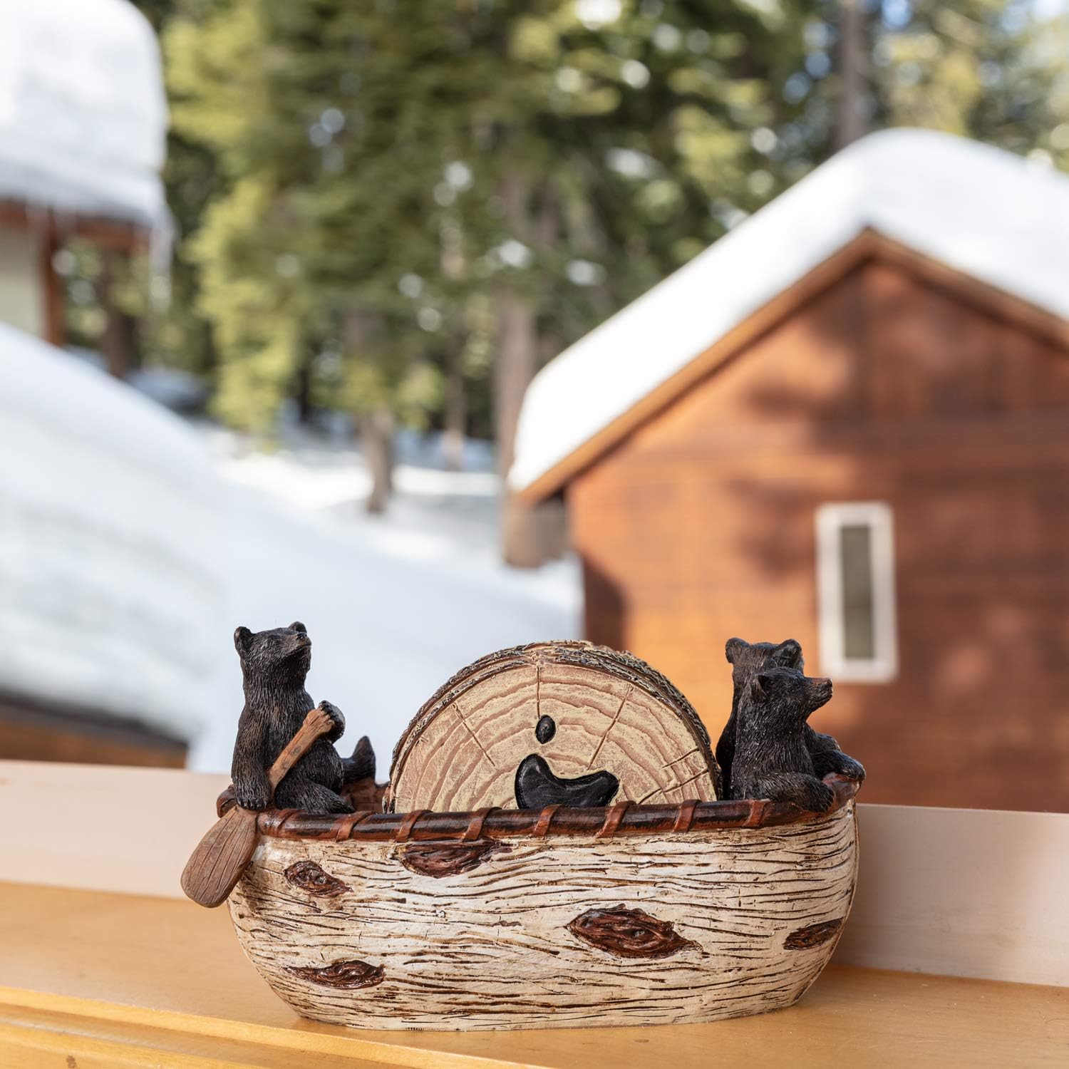 Bear Coasters Set of 6 Full Size Rustic Coasters in Handmade Canoe with Adorable Black Bear