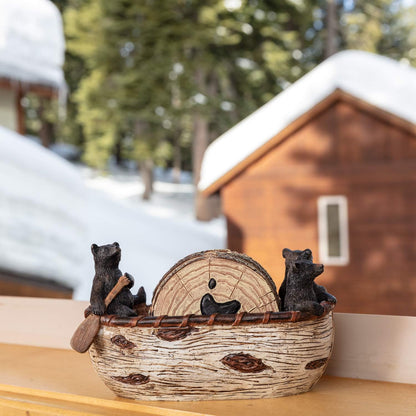 Bear Coasters Set of 6 Full Size Rustic Coasters in Handmade Canoe with Adorable Black Bear