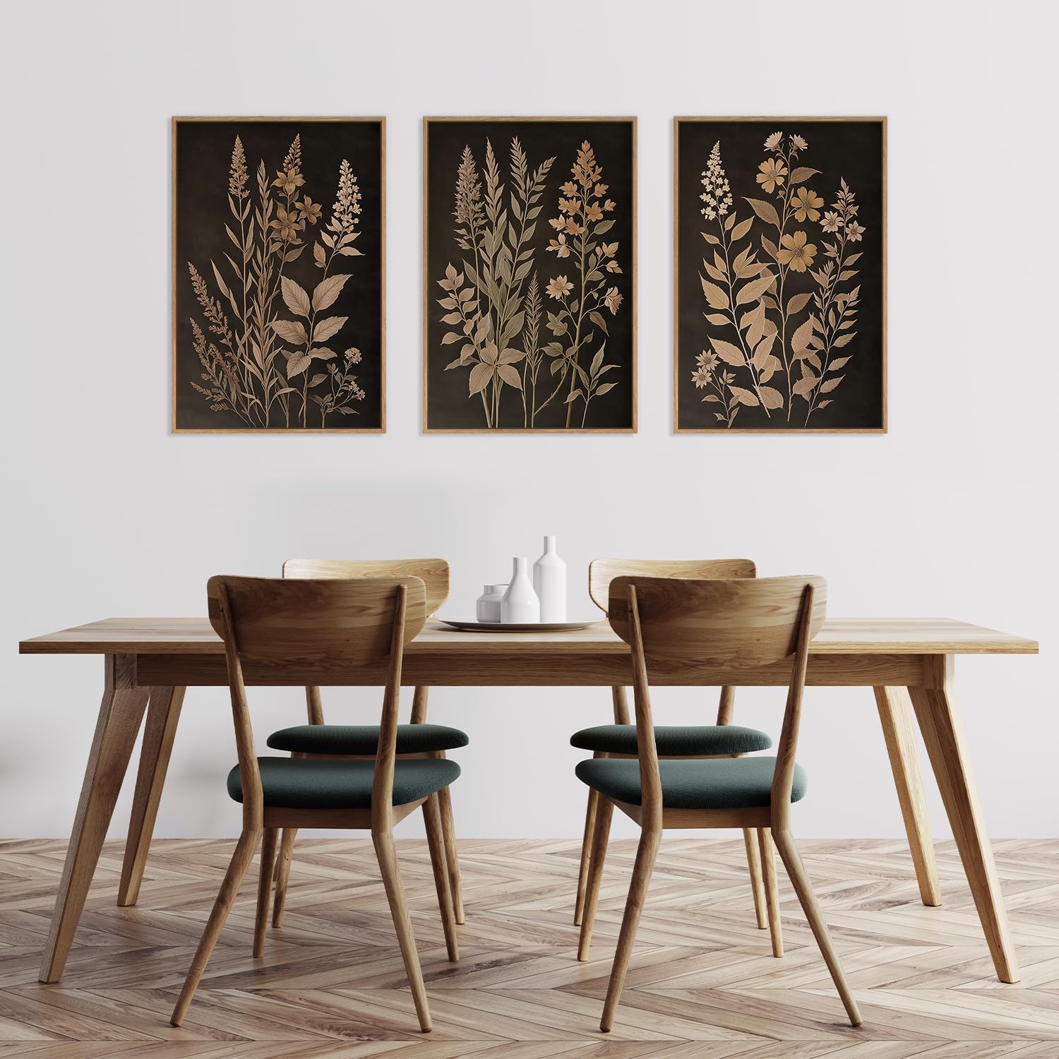 HLNIUC Vintage Botanical Fern Framed Canvas Wall Art Set,Black and Tan Plant Leaf Wall