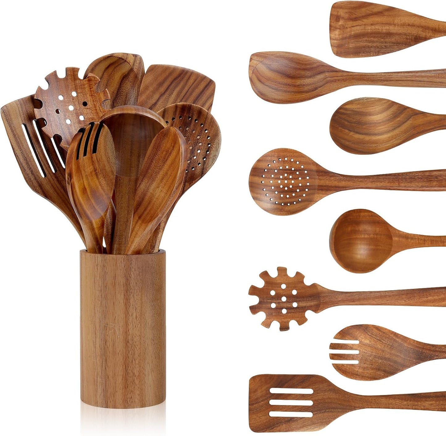 comfoyar Teak Wooden Spoons for Cooking, 9 Pieces Kitchen Cooking Utenails Set with Holder and