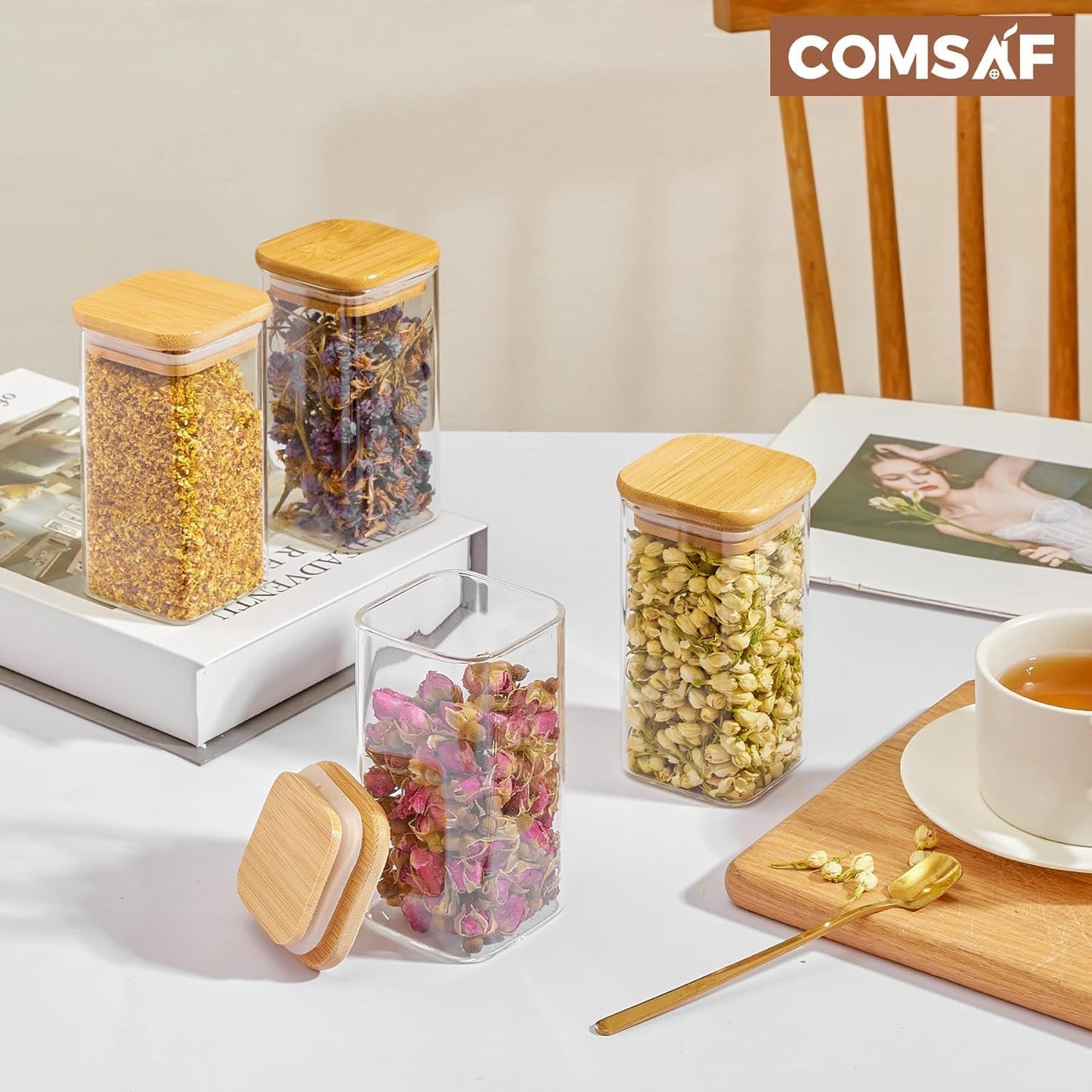 ComSaf 6Pcs 10 oz Large Spice Jars with Label Trial Set, Glass Spice Jars with Bamboo Lids