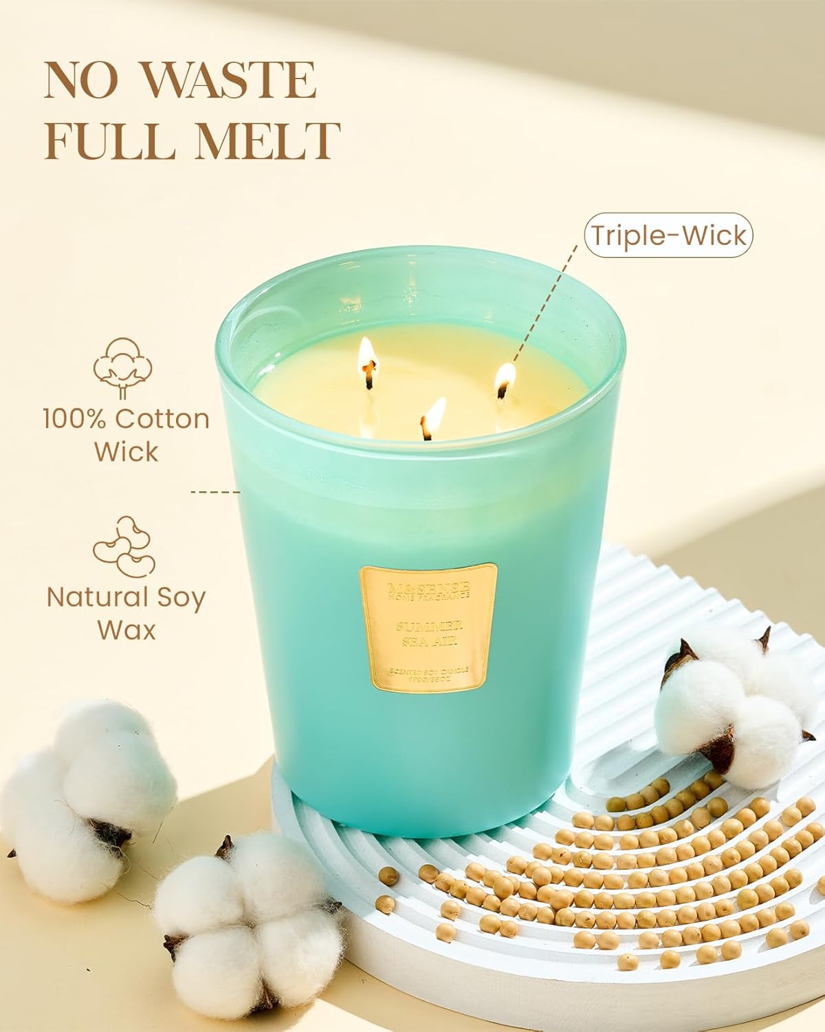 M&SENSE Summer Sea Air Scented Candle, 35 OZ Extra Large 3 Wick Natural Soy Wax Candles 150 Hours