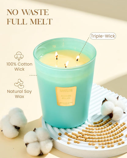 M&SENSE Summer Sea Air Scented Candle, 35 OZ Extra Large 3 Wick Natural Soy Wax Candles 150 Hours